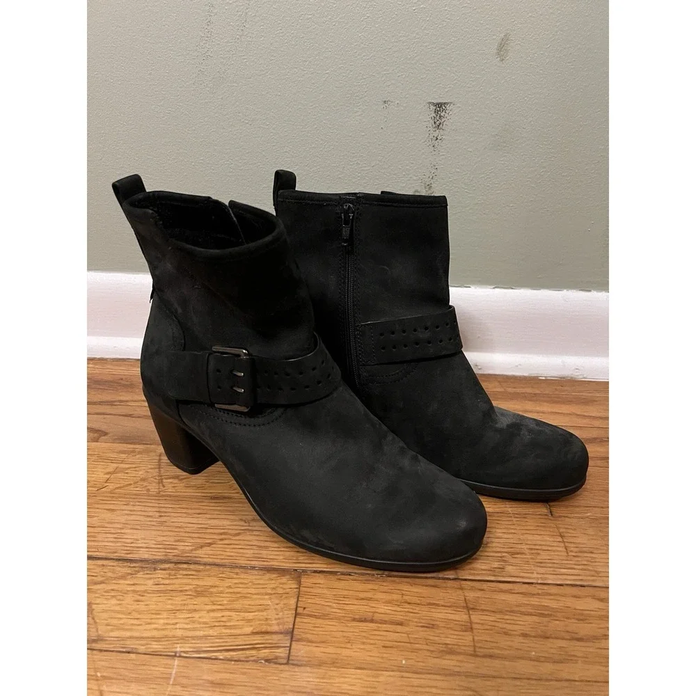 Ecco Leather Ankle Booties Heel Black Women EU 39 Buckle Fall